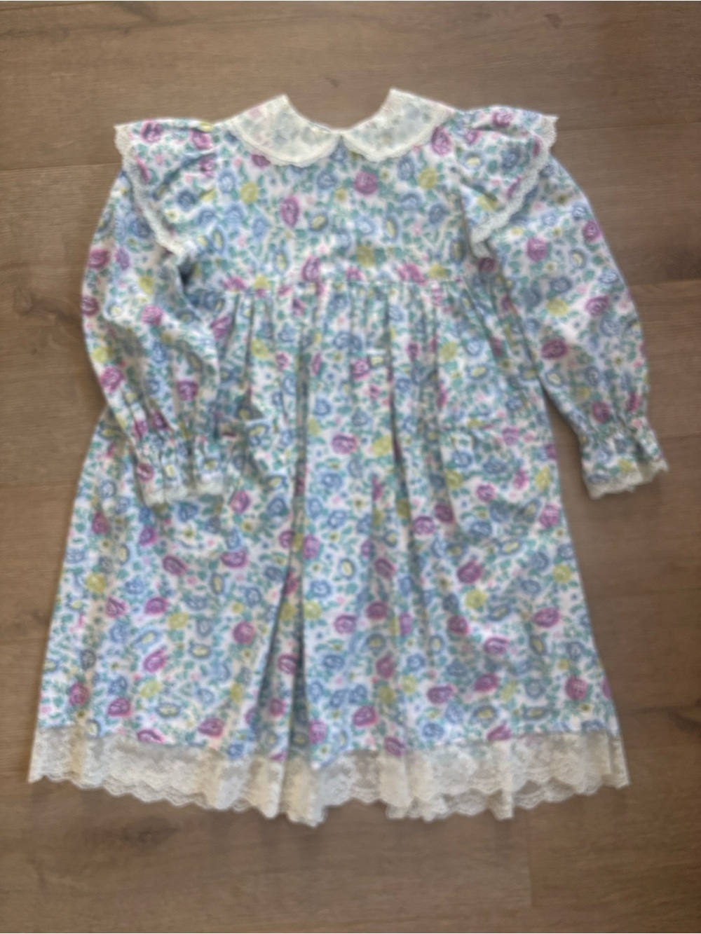 Vintage Girls Floral Pinafore Dress Lace Trim Size 6–7